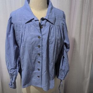 Free People 100% Cotton Blue Long Lace Up Sleeves Blouse Size XS